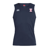 The Philly Whitemarsh RFC Club Dry Singlet by EMB Canterbury is a navy sleeveless top with Vapodri Tech, featuring a white Canterbury logo on the right chest and a red-and-white team emblem on the left—ideal for peak performance.