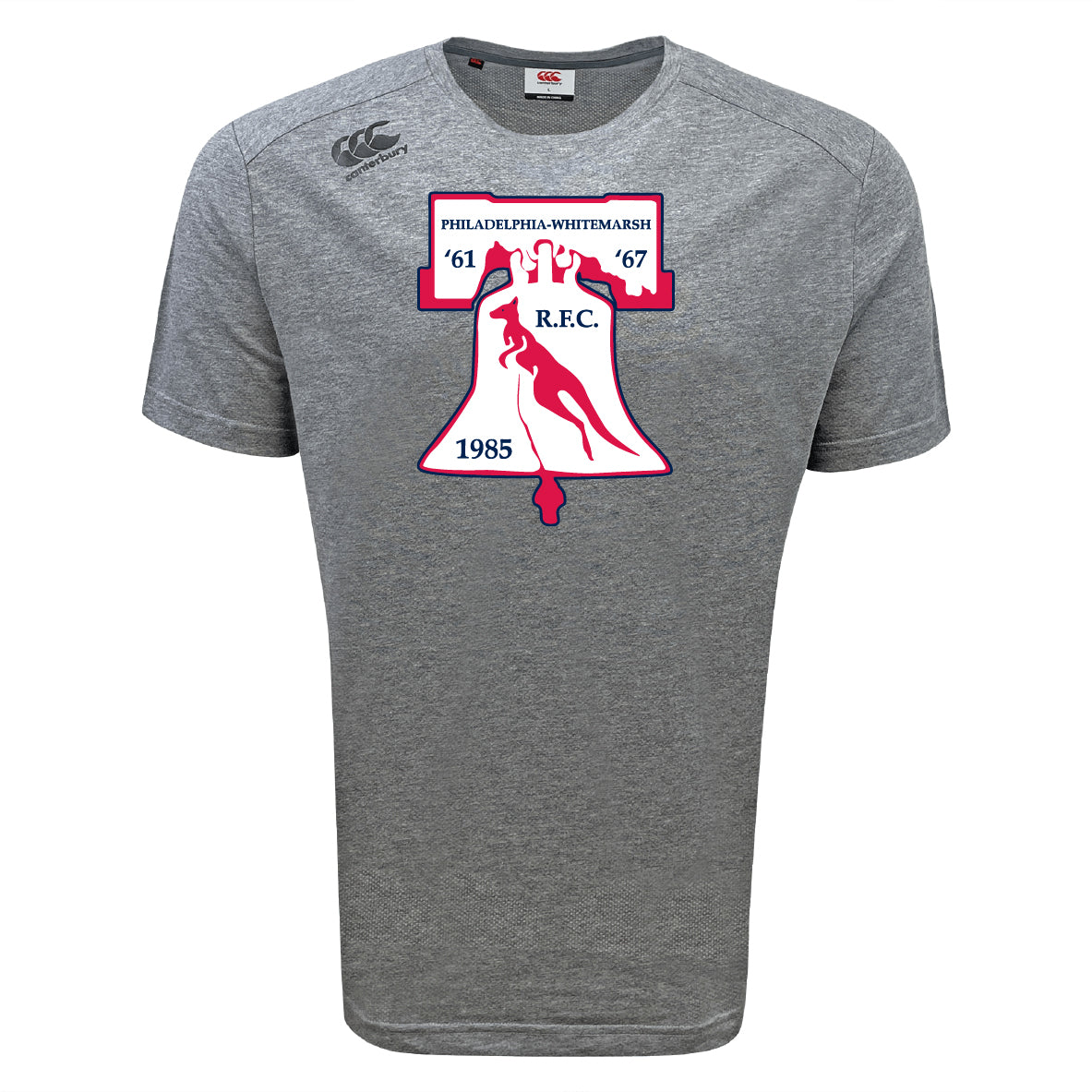 The Philly Whitemarsh RFC Tempo Vapodri T-Shirt by WRS Canterbury features the club's Liberty Bell logo with the years '61, '67, and 1985—a gray athletic tee perfect for fans and players seeking top performance.