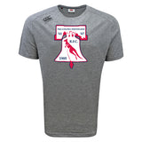 The Philly Whitemarsh RFC Tempo Vapodri T-Shirt by WRS Canterbury features the club's Liberty Bell logo with the years '61, '67, and 1985—a gray athletic tee perfect for fans and players seeking top performance.