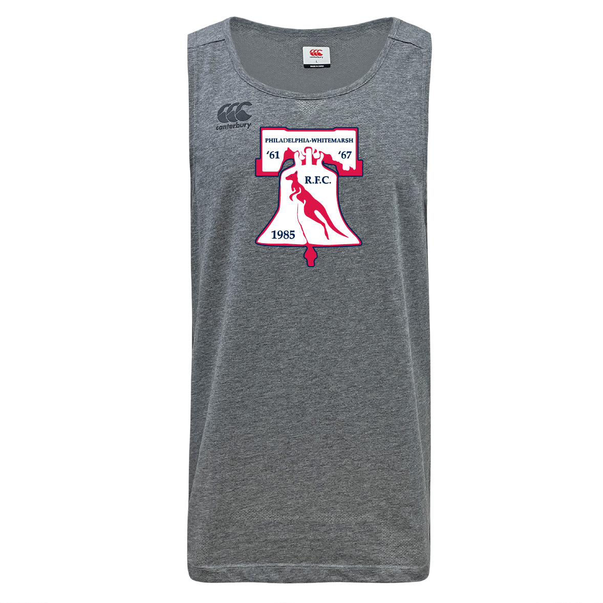 The Philly Whitemarsh RFC Tempo Vapodri Singlet by WRS Canterbury is a gray sleeveless athletic shirt with an "R.F.C." crest, red kangaroo, and years 1961, 1967, and 1985; made from recycled polyester, Canterbury logo on shoulder.