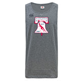 The Philly Whitemarsh RFC Tempo Vapodri Singlet by WRS Canterbury is a gray sleeveless athletic shirt with an "R.F.C." crest, red kangaroo, and years 1961, 1967, and 1985; made from recycled polyester, Canterbury logo on shoulder.