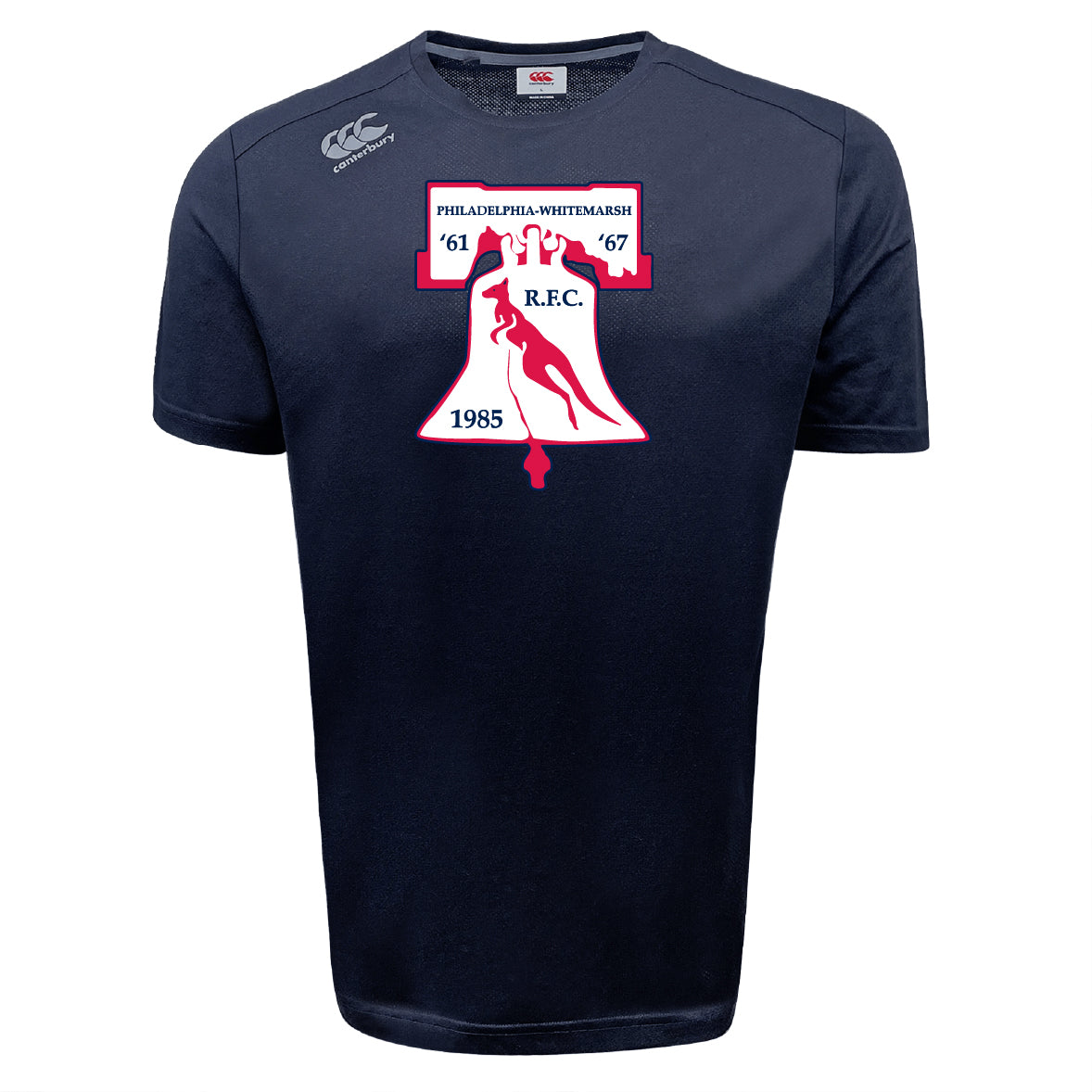 The Philly Whitemarsh RFC Tempo Vapodri T-Shirt by WRS Canterbury is a navy tee with a white and red Liberty Bell graphic, "PHILADELPHIA-WHITEMARSH R.F.C. 1985" text, and the Canterbury logo on the right shoulder for performance.