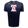 The Philly Whitemarsh RFC Tempo Vapodri T-Shirt by WRS Canterbury is a navy tee with a white and red Liberty Bell graphic, "PHILADELPHIA-WHITEMARSH R.F.C. 1985" text, and the Canterbury logo on the right shoulder for performance.