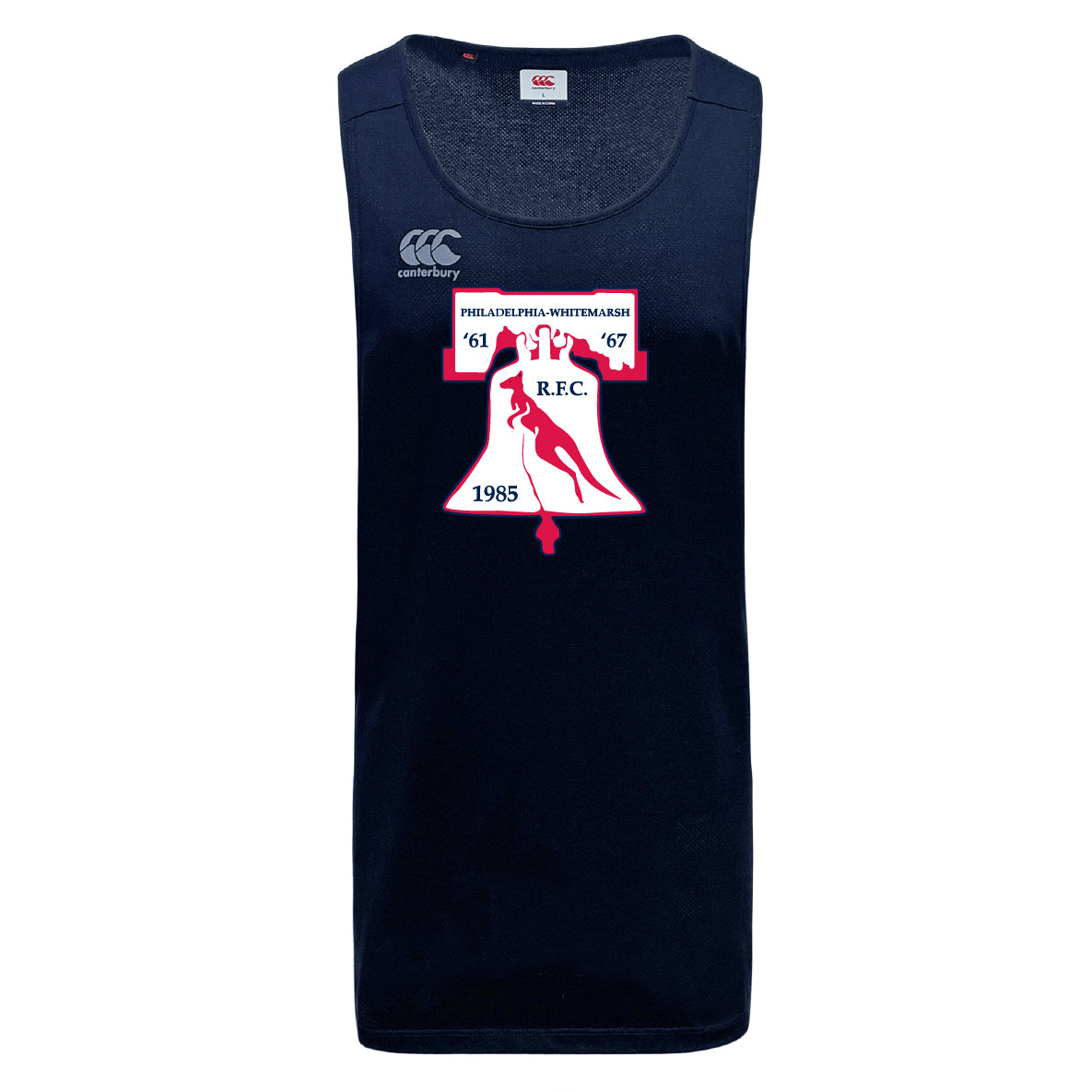 The Philly Whitemarsh RFC Tempo Vapodri Singlet by WRS Canterbury is a navy blue athletic tank made from recycled polyester, featuring a white and red crest with "Philadelphia-Whitemarsh RFC" and years 1961, 1967, and 1985.