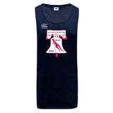 The Philly Whitemarsh RFC Tempo Vapodri Singlet by WRS Canterbury is a navy blue athletic tank made from recycled polyester, featuring a white and red crest with "Philadelphia-Whitemarsh RFC" and years 1961, 1967, and 1985.