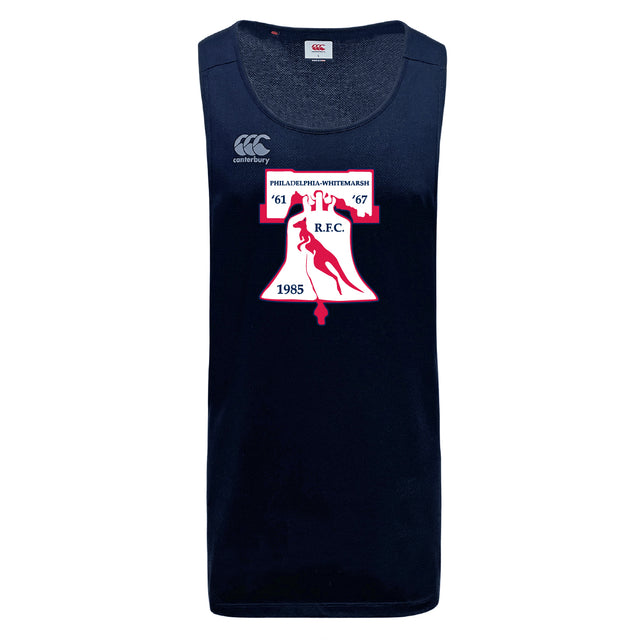 The Philly Whitemarsh RFC Tempo Vapodri Singlet by WRS Canterbury is a navy blue athletic tank made from recycled polyester, featuring a white and red crest with "Philadelphia-Whitemarsh RFC" and years 1961, 1967, and 1985.