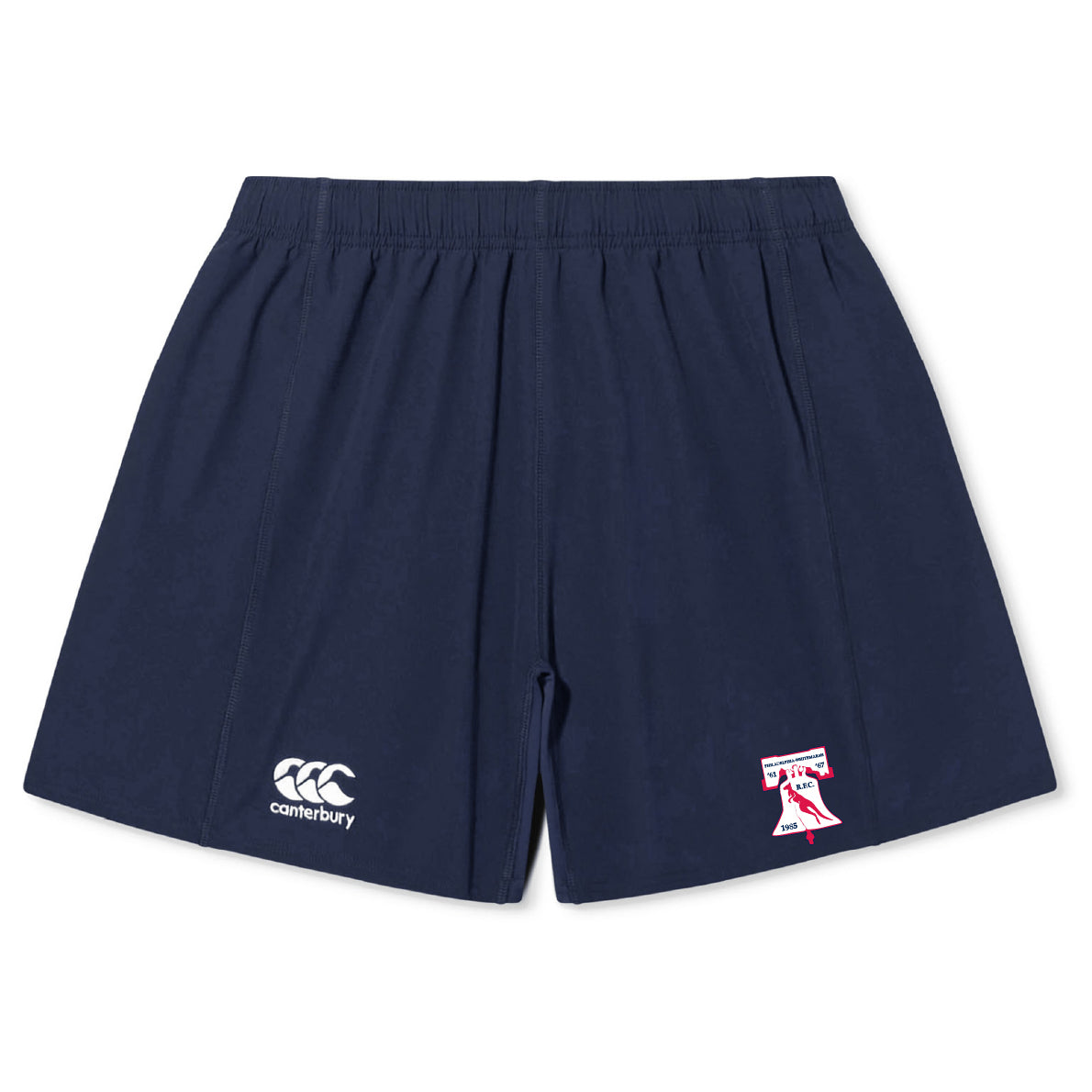 The EMB Canterbury Philly Whitemarsh RFC Yokohama Short features a navy design with an elastic waistband, white Canterbury logo on the left leg, and a red and white crest on the right.