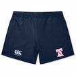The Philly Whitemarsh RFC Women's Yokohama Short by EMB Canterbury features a navy design with a white Canterbury logo on the left leg and a red and white crest on the right, ideal for women's rugby.