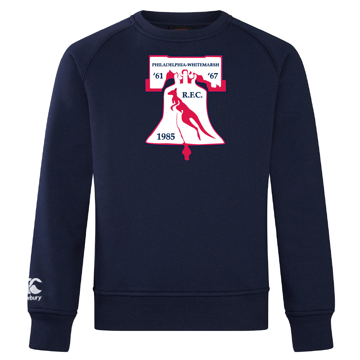 The Philly Whitemarsh RFC Club Crew Sweatshirt by WRS Canterbury features the club logo with Liberty Bell, founding year "1985" on the front, and an embroidered CCC logo for a classic look.