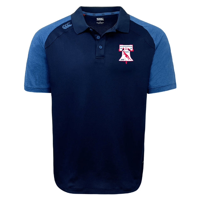 The Philly Whitemarsh RFC Elite Polo by Canterbury, custom crafted with Vapodri fabric, features blue sleeves, a button placket collar, and a red Texas outline logo with white text on the left chest. Brand: EMB Canterbury.