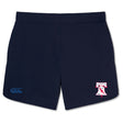 The Philly Whitemarsh RFC Elite Woven Short by EMB Canterbury in navy has a small club logo on the right leg, a blue Canterbury logo on the left, and zippered pockets—ideal for training.