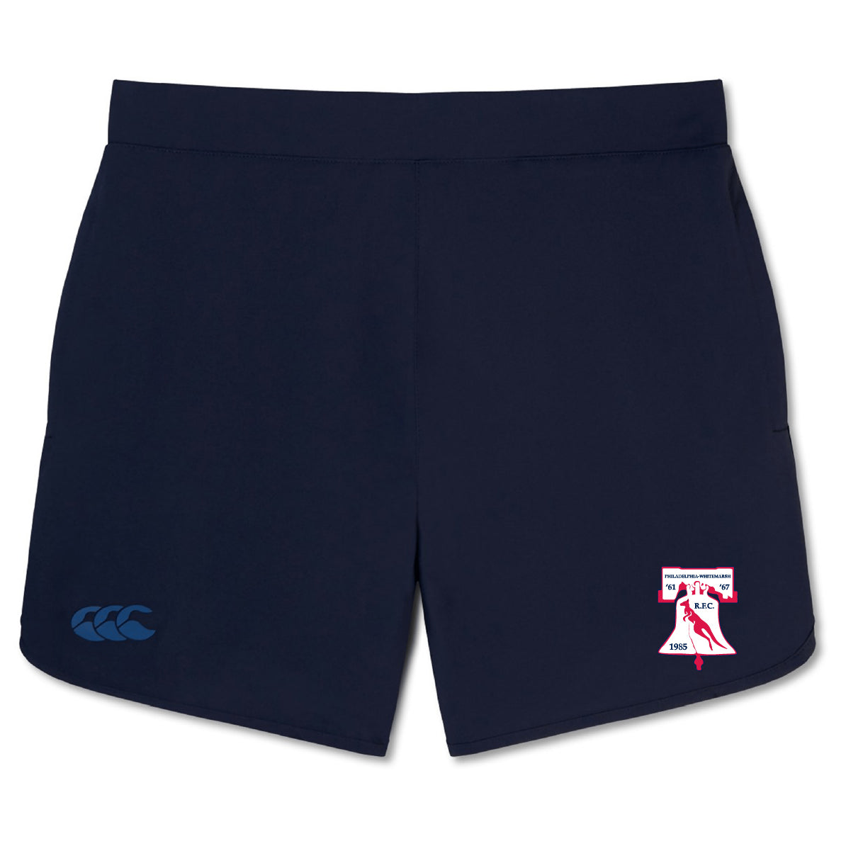The Philly Whitemarsh RFC Elite Woven Short by EMB Canterbury in navy has a small club logo on the right leg, a blue Canterbury logo on the left, and zippered pockets—ideal for training.