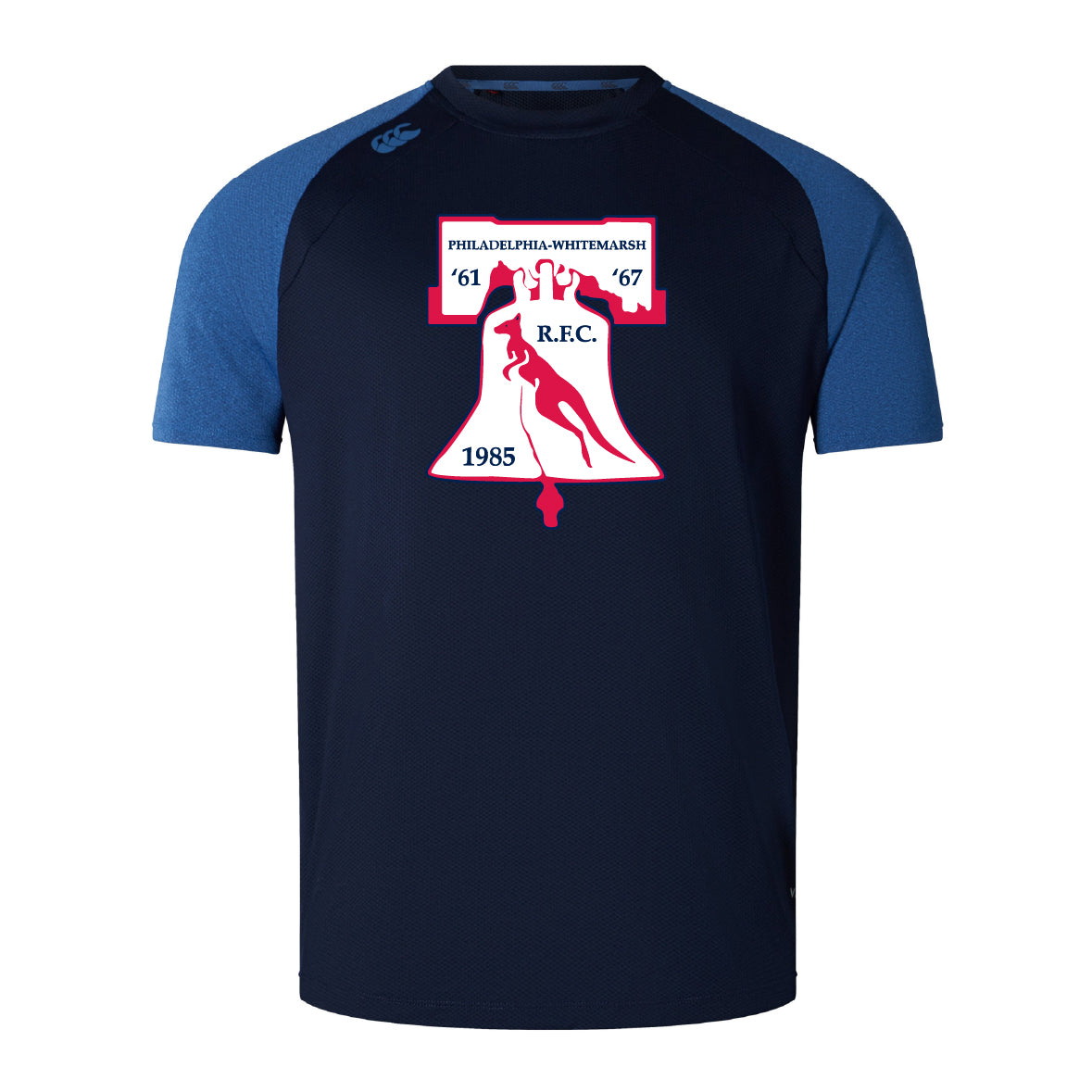 The Philly Whitemarsh RFC Elite Training Tee by WRS Canterbury features a navy design with blue sleeves, the club logo, and milestone dates. Made from Vapodri fabric for lightweight durability—ideal on or off the field.