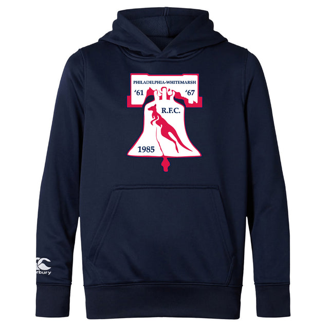 The Philly Whitemarsh RFC Club Lightweight Hoodie by WRS Canterbury features a kangaroo pocket, the club logo, a Liberty Bell graphic, and the years '61, '67, and 1985.