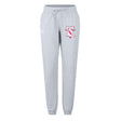 The Philly Whitemarsh RFC Women's Leisure Sweatpant by EMB Canterbury features light gray fabric, an elastic waistband with drawstring, and a Liberty Bell graphic with red text and detailing on the upper left thigh.