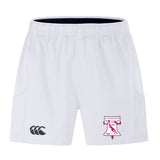 The EMB Canterbury Philly Whitemarsh RFC Advantage Short 2.0 features an elastic waistband, black left-leg logo, red and blue team emblem on the right, and is made with recycled content for high-performance training.