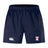 The Philly Whitemarsh RFC Advantage Short 2.0 by EMB Canterbury features navy blue performance fabric, a Canterbury logo on the left leg, a red and white team emblem on the right, and is made with recycled content for sustainability.