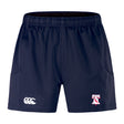 The Philly Whitemarsh RFC Advantage Short 2.0 by EMB Canterbury features navy blue performance fabric, a Canterbury logo on the left leg, a red and white team emblem on the right, and is made with recycled content for sustainability.