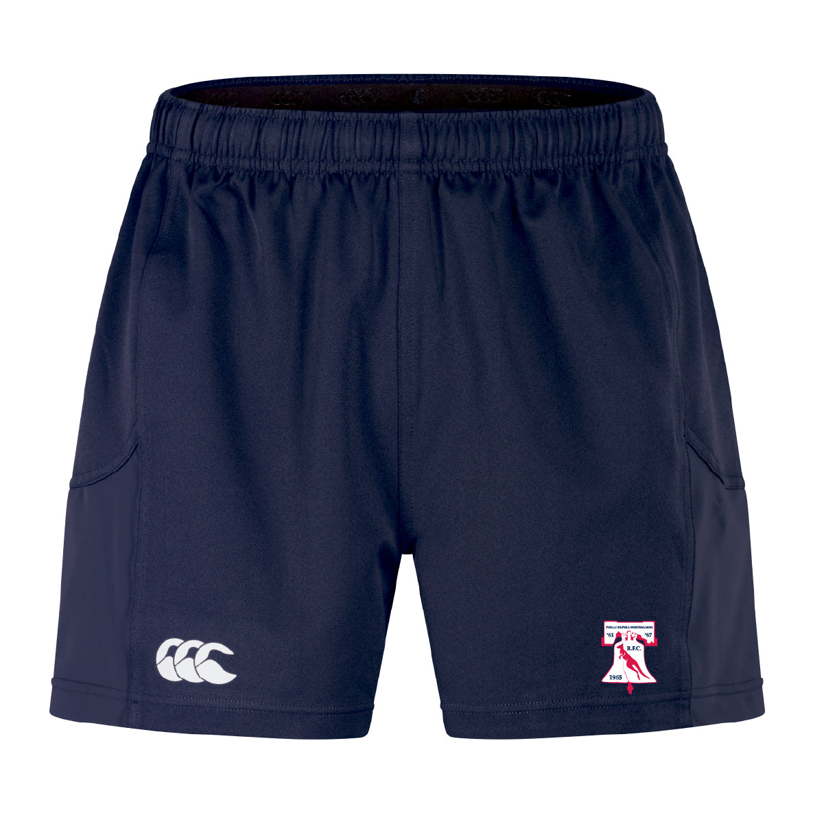 The Philly Whitemarsh RFC Advantage Short 2.0 by EMB Canterbury features navy blue performance fabric, a Canterbury logo on the left leg, a red and white team emblem on the right, and is made with recycled content for sustainability.
