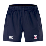 The Philly Whitemarsh RFC Advantage Short 2.0 by EMB Canterbury features navy blue performance fabric, a Canterbury logo on the left leg, a red and white team emblem on the right, and is made with recycled content for sustainability.