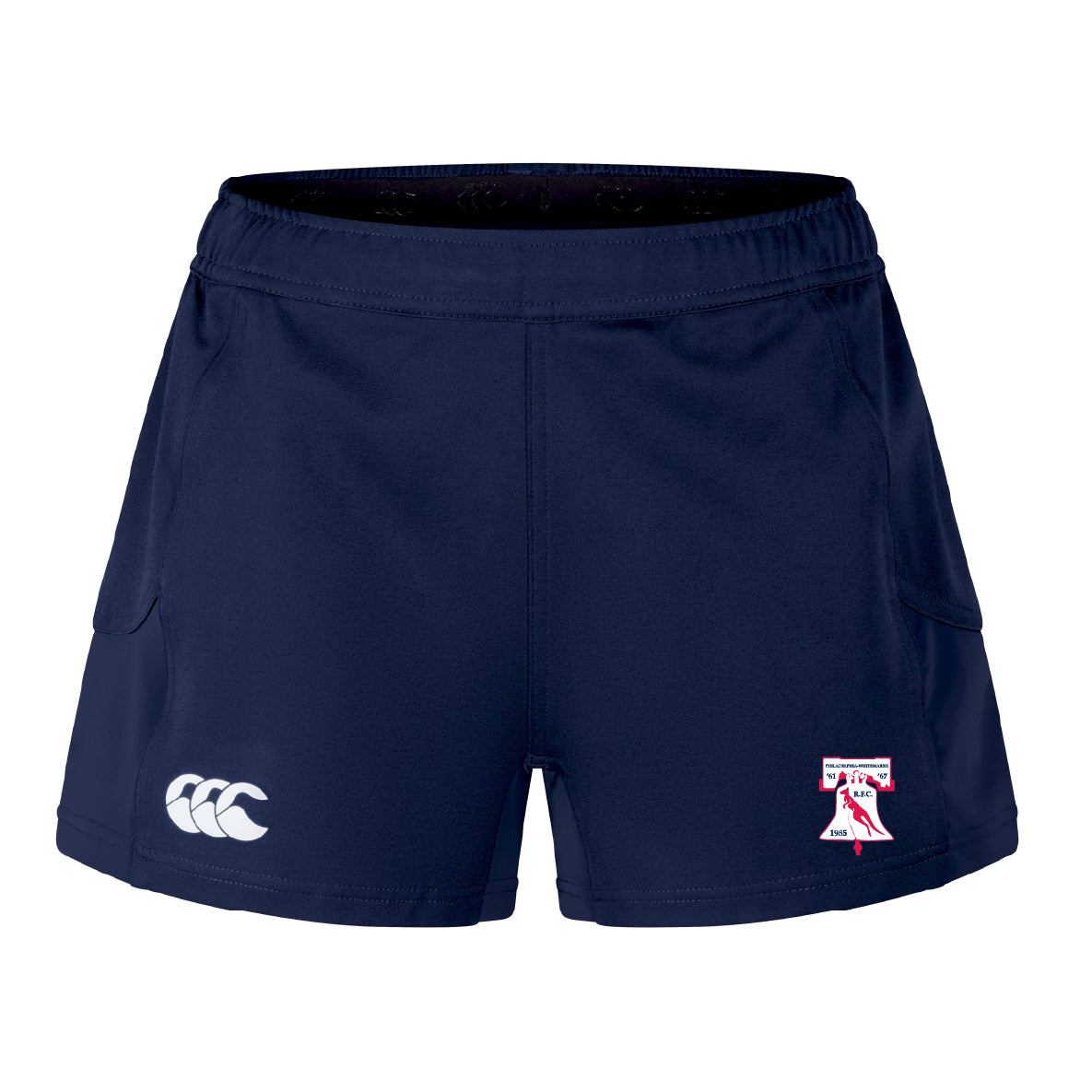 The Philly Whitemarsh RFC Women's Advantage Short 2.0 by EMB Canterbury features a navy blue design, a white Canterbury logo on the left leg, and a red and white "T" emblem with figure on the right leg.