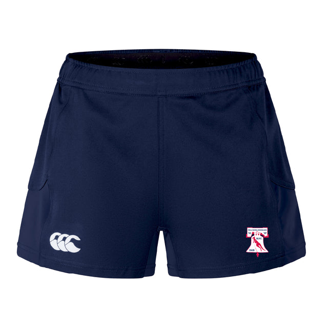 The Philly Whitemarsh RFC Women's Advantage Short 2.0 by EMB Canterbury features a navy blue design, a white Canterbury logo on the left leg, and a red and white "T" emblem with figure on the right leg.