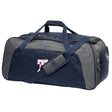 The Philly Whitemarsh RFC Holdall Duffle Bag by EMB Canterbury features navy blue and gray colors, a shoulder strap, handles, zippered compartments, water-repellent finish, and front logo—perfect for rugby practice or travel.