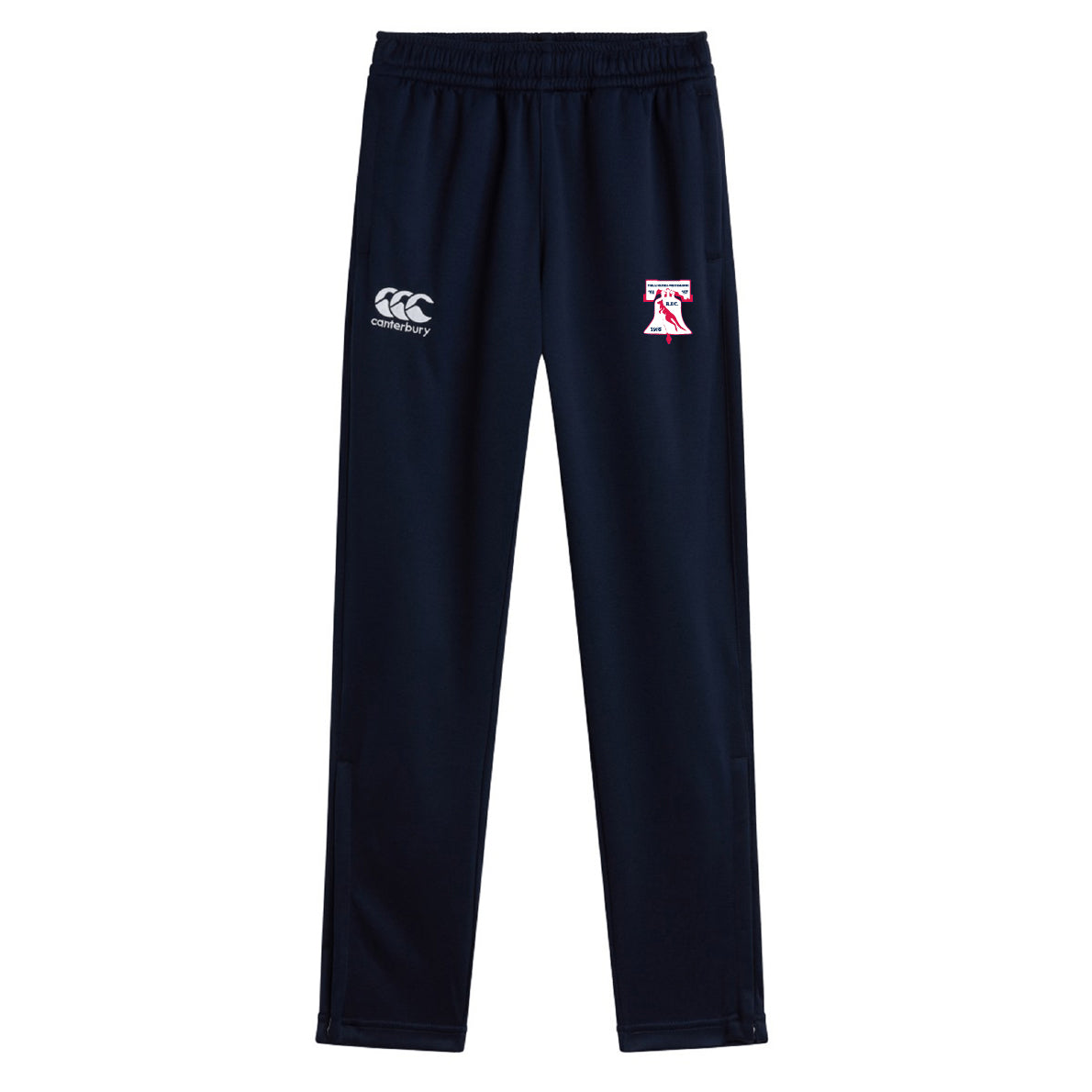 The Philly Whitemarsh RFC Stretch Tapered Pant by EMB Canterbury features an elastic waistband, Canterbury logo on the left, and a red and white "T" on the right thigh. These quick-dry navy pants deliver comfort and style for workouts.