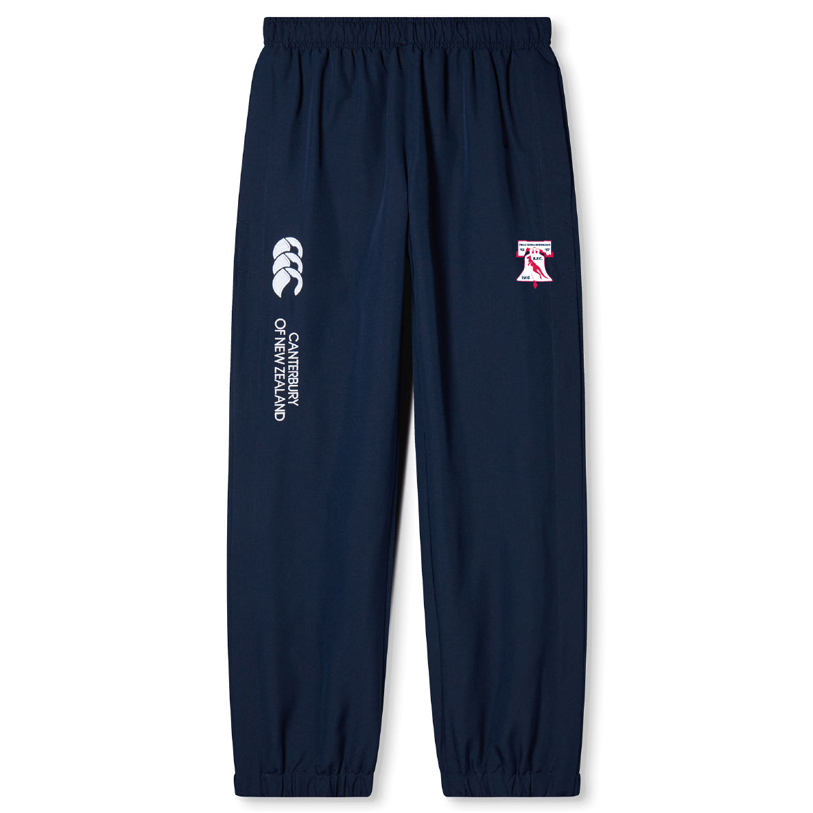 The Philly Whitemarsh RFC Cuffed Hem Stadium Pant by EMB Canterbury is a navy men's pant with an elastic waistband, cuffed hems, the Canterbury logo, "Canterbury of New Zealand" text, and a left thigh crest.
