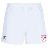 The Philly Whitemarsh RFC Professional Polyester Rugby Short by EMB Canterbury features an elastic waistband, CCC logo on the left leg, and a red/white club crest on the right—classic performance rugby shorts.