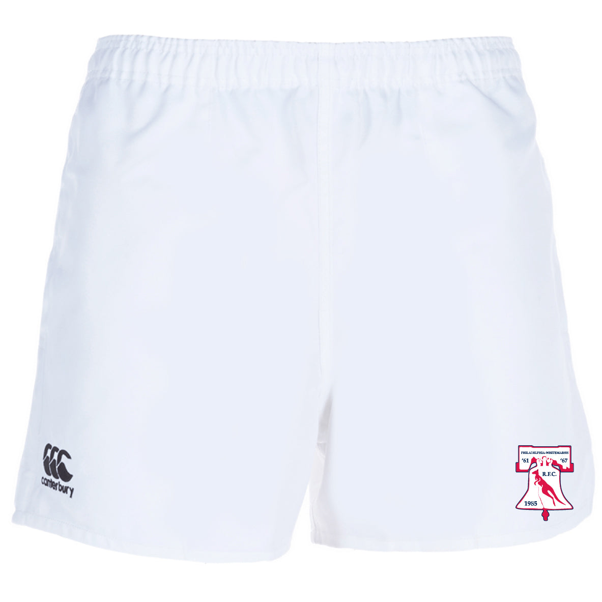 The Philly Whitemarsh RFC Advantage Rugby Shorts by EMB Canterbury feature an elastic waistband, moisture-wicking fabric, the Canterbury logo on the left leg, and a club crest with text and graphics on the right leg.