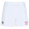 The Philly Whitemarsh RFC Advantage Rugby Shorts by EMB Canterbury feature an elastic waistband, moisture-wicking fabric, the Canterbury logo on the left leg, and a club crest with text and graphics on the right leg.