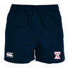 Philly Whitemarsh RFC Advantage Rugby Shorts by EMB Canterbury in navy blue, featuring moisture-wicking fabric, a white Canterbury logo on the left leg, and a red and white Philly Whitemarsh crest on the right.