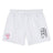 The Philly Whitemarsh RFC Tactic Short by EMB Canterbury is a white men's rugby short with an elastic waistband, a red-and-white logo on the left leg, and a black emblem on the right—ideal for gym workouts or rugby.
