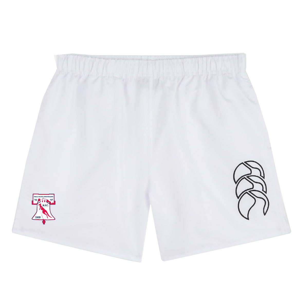 The Philly Whitemarsh RFC Tactic Short by EMB Canterbury is a white men's rugby short with an elastic waistband, a red-and-white logo on the left leg, and a black emblem on the right—ideal for gym workouts or rugby.