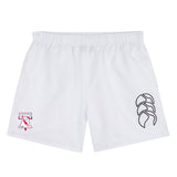 The Philly Whitemarsh RFC Tactic Short by EMB Canterbury is a white men's rugby short with an elastic waistband, a red-and-white logo on the left leg, and a black emblem on the right—ideal for gym workouts or rugby.