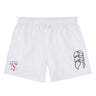 The Philly Whitemarsh RFC Tactic Short by EMB Canterbury is a white men's rugby short with an elastic waistband, a red-and-white logo on the left leg, and a black emblem on the right—ideal for gym workouts or rugby.