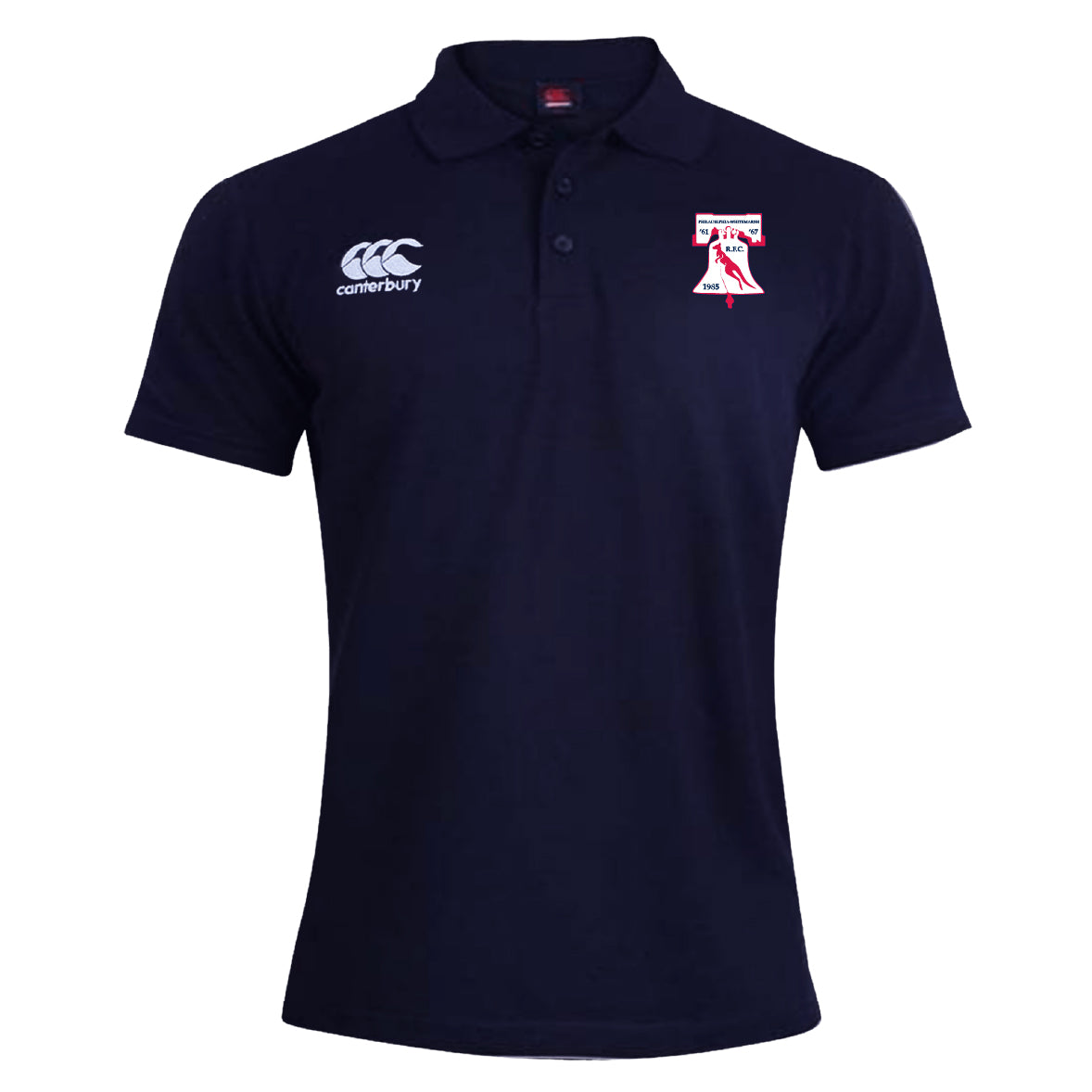 The Philly Whitemarsh RFC Waimak Polo by EMB Canterbury features a Canterbury logo on the right chest and a graphic bell logo on the left, making it ideal for fans of classic men's rugby polo style.