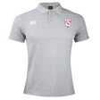 The Philly Whitemarsh RFC Waimak Polo by EMB Canterbury is a light grey short-sleeved rugby polo with a collar, three buttons, and embroidered logos on both sides of the chest.