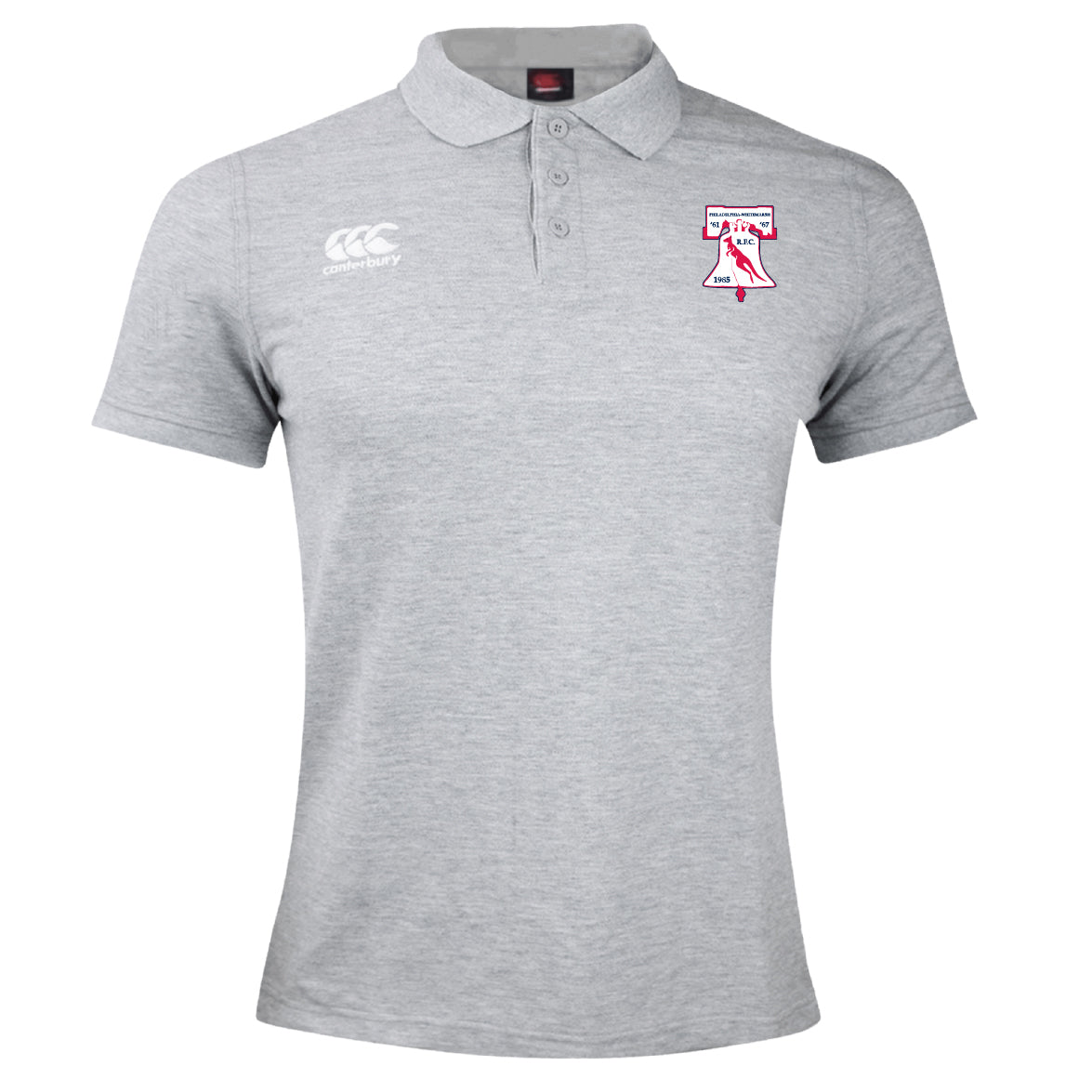 The Philly Whitemarsh RFC Waimak Polo by EMB Canterbury is a light grey short-sleeved rugby polo with a collar, three buttons, and embroidered logos on both sides of the chest.