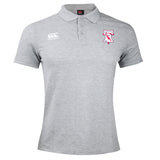 The Philly Whitemarsh RFC Waimak Polo by EMB Canterbury is a light grey short-sleeved rugby polo with a collar, three buttons, and embroidered logos on both sides of the chest.