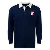 The EMB Mudoo Philly Whitemarsh RFC Classic Long Sleeve Solid Rugby Jersey features a navy blue cotton-poly blend, white collar, and a small red and white graphic on the left chest.