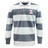 The EMB Mudoo Philly Whitemarsh RFC Classic Long Sleeve Hooped Rugby Jersey features gray and white stripes, a collar, and a bell logo with 2026 on the left chest.