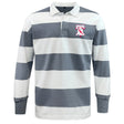 The EMB Mudoo Philly Whitemarsh RFC Classic Long Sleeve Hooped Rugby Jersey features gray and white stripes, a collar, and a bell logo with 2026 on the left chest.