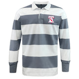 The EMB Mudoo Philly Whitemarsh RFC Classic Long Sleeve Hooped Rugby Jersey features gray and white stripes, a collar, and a bell logo with 2026 on the left chest.