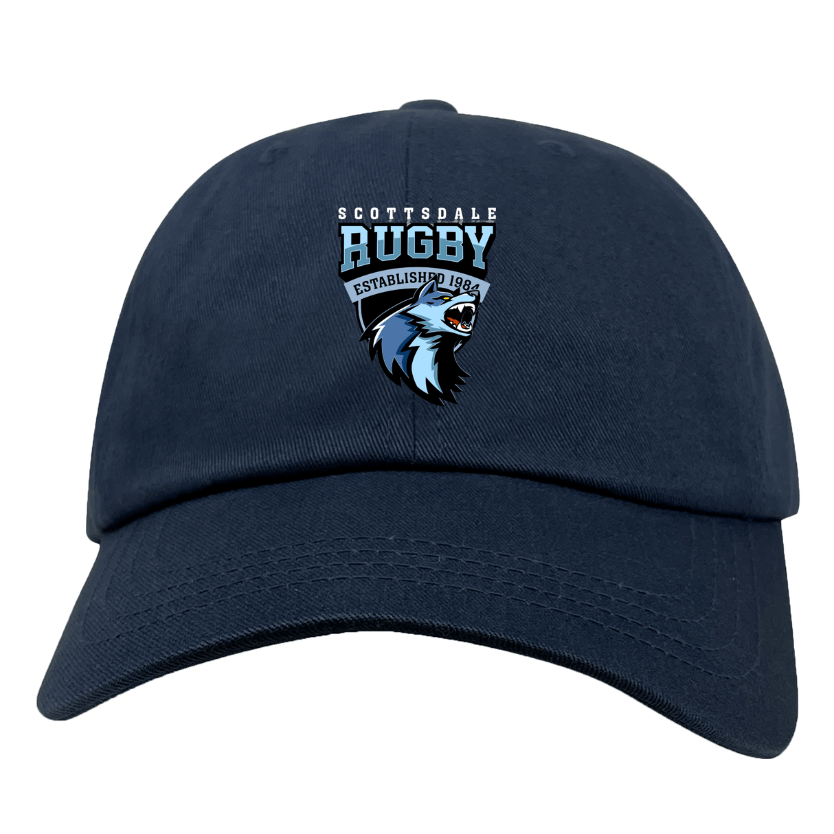 The EMB S&S Activewear Scottsdale Rugby Adult Low-Profile Cotton Twill Dad Cap features navy blue cotton twill, embroidered "Scottsdale Rugby Established 1964" branding, and a roaring bear graphic on the front.