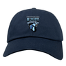 The EMB S&S Activewear Scottsdale Rugby Adult Low-Profile Cotton Twill Dad Cap features navy blue cotton twill, embroidered "Scottsdale Rugby Established 1964" branding, and a roaring bear graphic on the front.