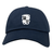 The EMB S&S Activewear Rugby Football Club at Christopher Newport University Adult Low-Profile Cotton Twill Dad Cap features a navy blue design with an embroidered white and black skull and crossbones crest, checkered pattern, and bold front text.
