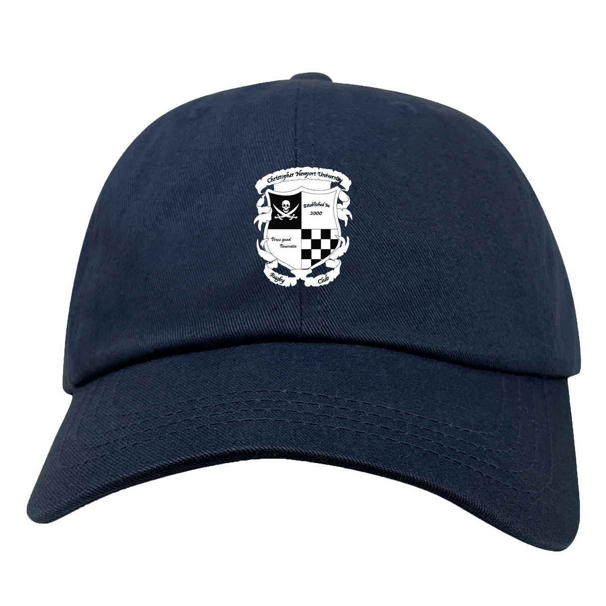 The EMB S&S Activewear Rugby Football Club at Christopher Newport University Adult Low-Profile Cotton Twill Dad Cap features a navy blue design with an embroidered white and black skull and crossbones crest, checkered pattern, and bold front text.