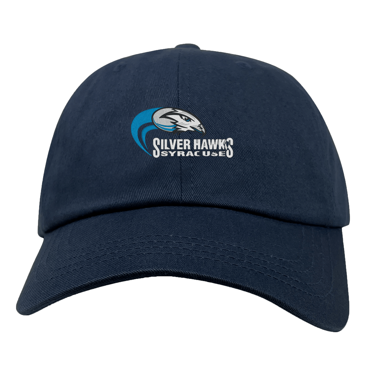 A Syracuse Silver Hawks Adult Low-Profile Cotton Twill Dad Cap with the logo and text "Silver Hawks Syracuse" embroidered on the front, made from durable cotton twill for ultimate comfort and team branding, by EMB Alpha Broder.